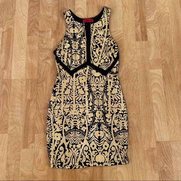 Carina Black and Gold Filigree Baroque High Neck Bodycon Cocktail Dress - Picture 3 of 15